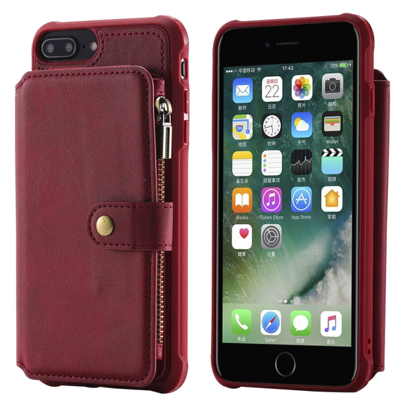 For iPhone 7 Plus / 8 Plus Zipper Shockproof Protective Case with Card Slots & Bracket & Photo Holder & Wallet Function(Red)