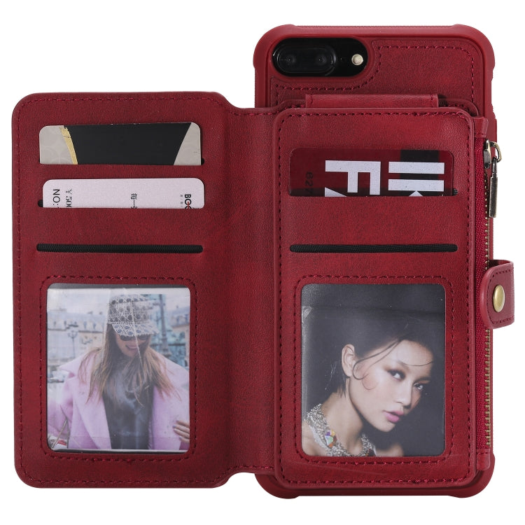 For iPhone 7 Plus / 8 Plus Zipper Shockproof Protective Case with Card Slots & Bracket & Photo Holder & Wallet Function(Red)