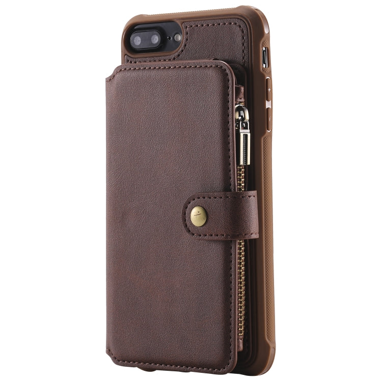 For iPhone 7 Plus / 8 Plus Zipper Shockproof Protective Case with Card Slots & Bracket & Photo Holder & Wallet Function(Coffee)