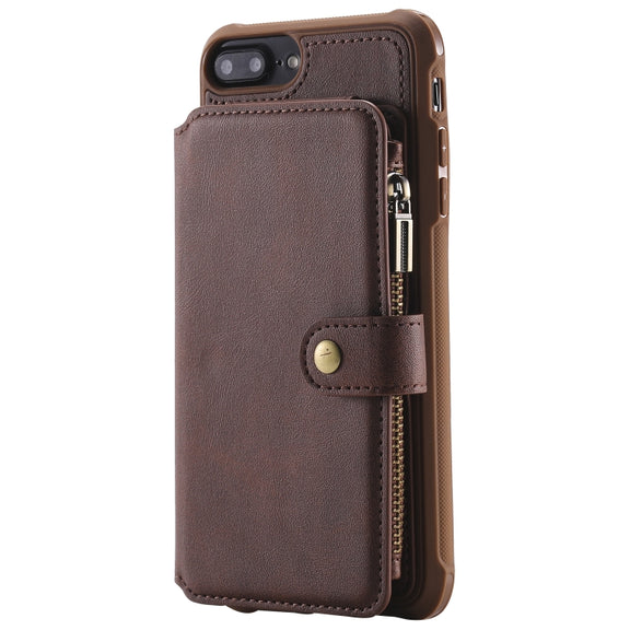 For iPhone 7 Plus / 8 Plus Zipper Shockproof Protective Case with Card Slots & Bracket & Photo Holder & Wallet Function(Coffee)