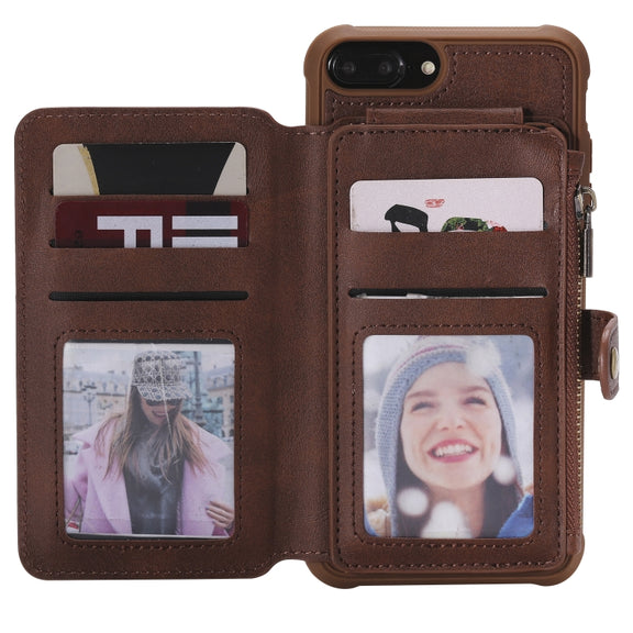 For iPhone 7 Plus / 8 Plus Zipper Shockproof Protective Case with Card Slots & Bracket & Photo Holder & Wallet Function(Coffee)