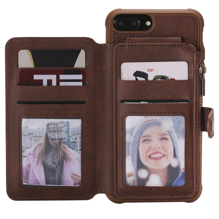 For iPhone 7 Plus / 8 Plus Zipper Shockproof Protective Case with Card Slots & Bracket & Photo Holder & Wallet Function(Coffee)