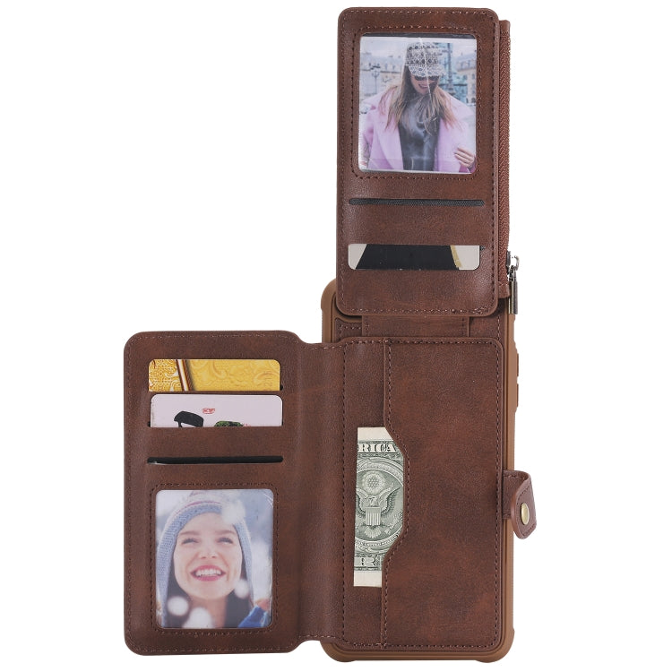 For iPhone 7 Plus / 8 Plus Zipper Shockproof Protective Case with Card Slots & Bracket & Photo Holder & Wallet Function(Coffee)