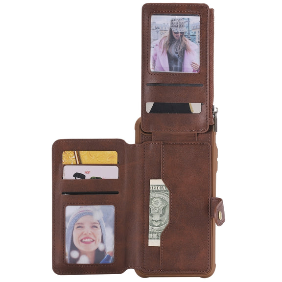 For iPhone 7 Plus / 8 Plus Zipper Shockproof Protective Case with Card Slots & Bracket & Photo Holder & Wallet Function(Coffee)