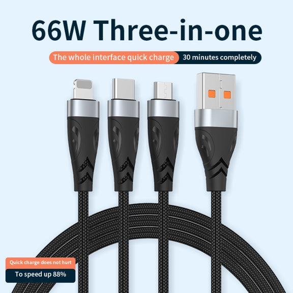 ADC-008 66W USB to USB-C/Type-C + 8 Pin + Micro USB 3 in 1 Fully Compatible Fast Charge Data Cable, Length:1.2m