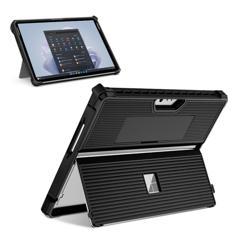 For Microsoft Surface Pro 8 Striped Hollow Tablet Case with Holder Cover(Black)