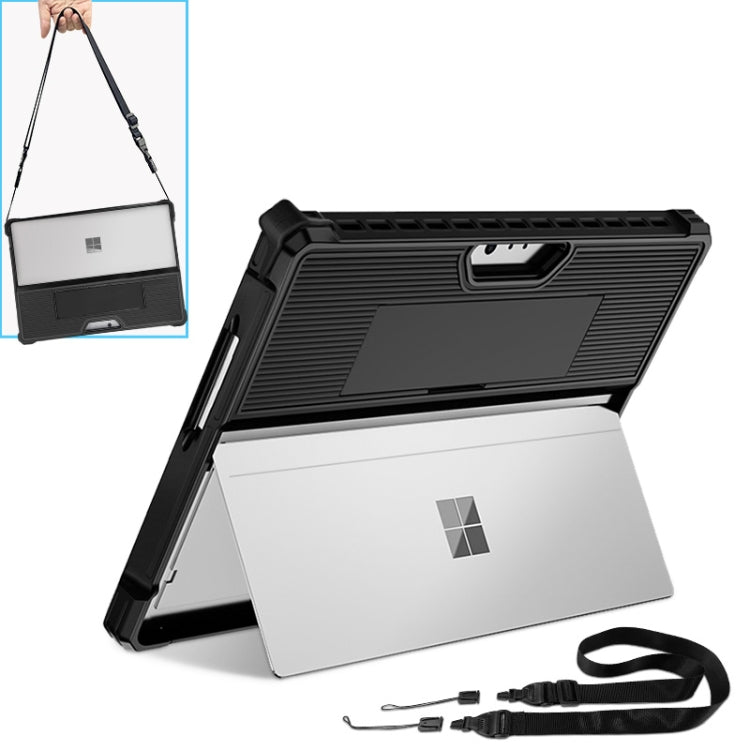 For Microsoft Surface Pro 9 Striped Hollow Tablet Case with Shoulder Strap(Black)