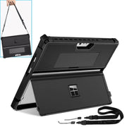 For Microsoft Surface Pro 9 Striped Hollow Tablet Case with Holder Cover and Shoulder Strap(Black)