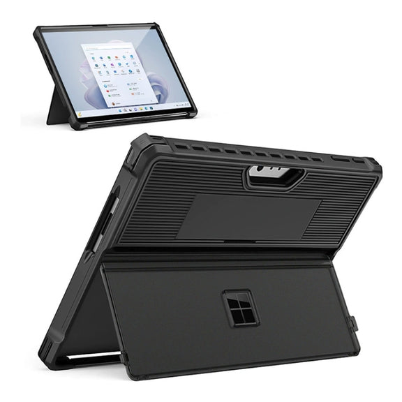 For Microsoft Surface Pro 9 Striped Hollow Tablet Case with Holder Cover and Shoulder Strap(Black)