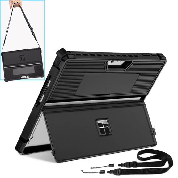 For Microsoft Surface Pro 9 Striped Hollow Tablet Case with Holder Cover and Shoulder Strap(Black)