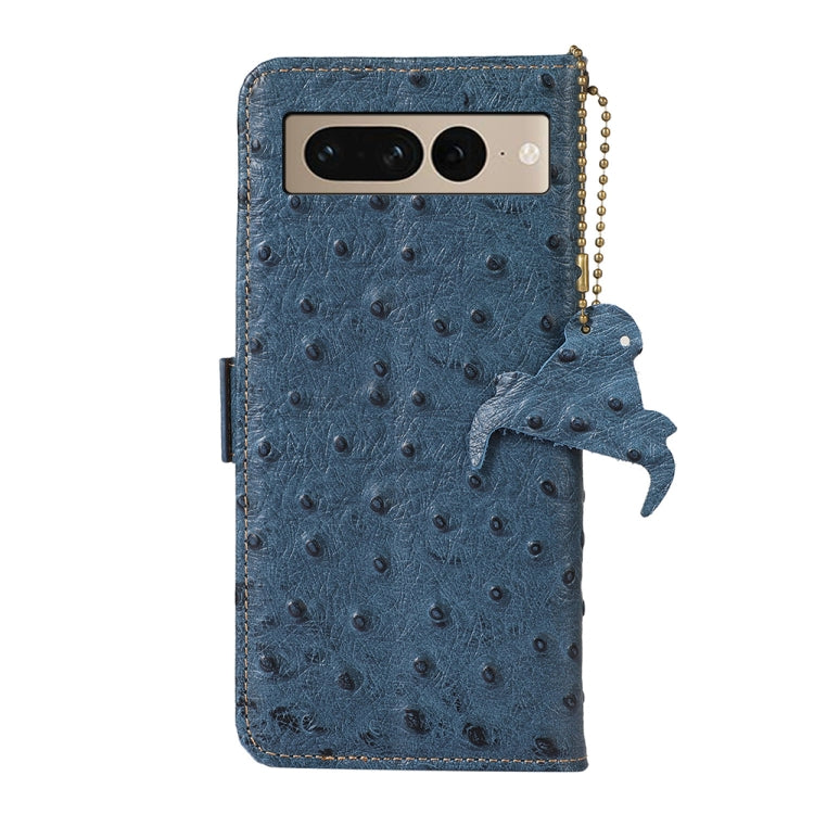 For Google Pixel 7 Pro Ostrich Pattern Genuine Leather RFID Phone Case(Blue)