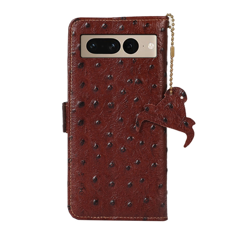 For Google Pixel 7 Ostrich Pattern Genuine Leather RFID Phone Case(Coffee)
