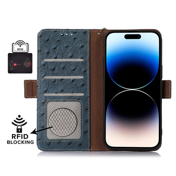 For Google Pixel 7 Ostrich Pattern Genuine Leather RFID Phone Case(Blue)