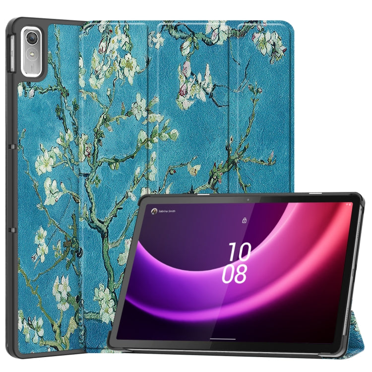 For Lenovo Tab P11 Gen 2 Custer Painted 3-Fold Holder Leather Smart Tablet Case(Apricot Blossom)