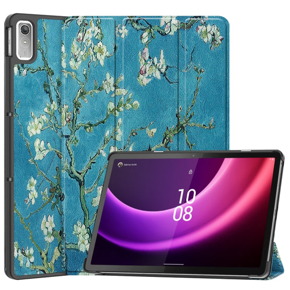 For Lenovo Tab P11 Gen 2 Custer Painted 3-Fold Holder Leather Smart Tablet Case(Apricot Blossom)