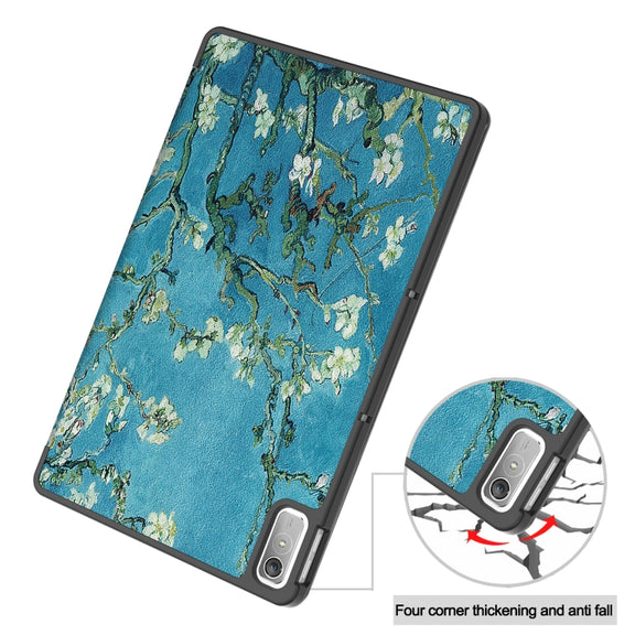 For Lenovo Tab P11 Gen 2 Custer Painted 3-Fold Holder Leather Smart Tablet Case(Apricot Blossom)