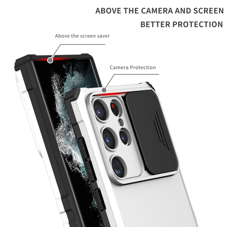 For Samsung Galaxy S23 Ultra 5G Stereoscopic Holder Sliding Camshield Phone Case(White)