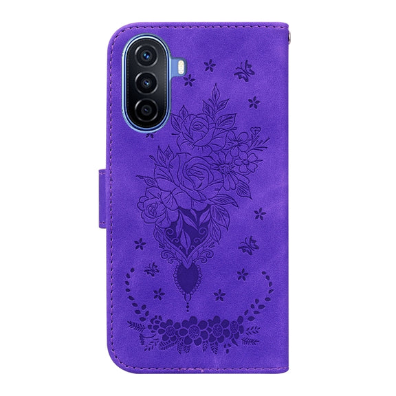 For Huawei nova Y70 Plus Butterfly Rose Embossed Leather Phone Case(Purple)