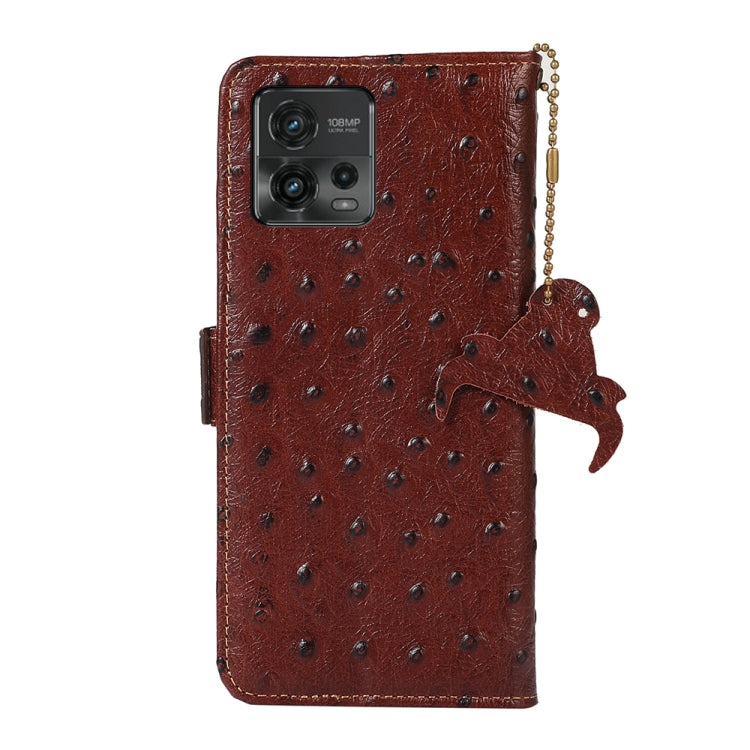 For Motorola Moto G72 4G Ostrich Pattern Genuine Leather RFID Phone Case(Coffee)