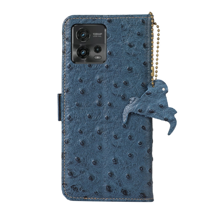 For Motorola Moto G72 4G Ostrich Pattern Genuine Leather RFID Phone Case(Blue)