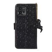 For Motorola Moto G72 4G Ostrich Pattern Genuine Leather RFID Phone Case(Black)
