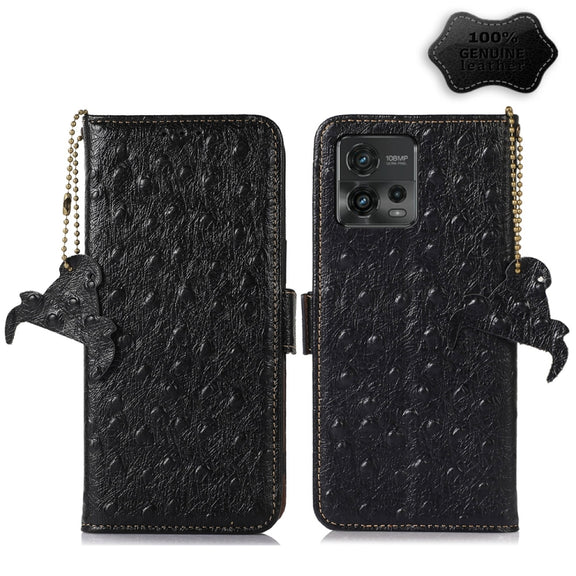 For Motorola Moto G72 4G Ostrich Pattern Genuine Leather RFID Phone Case(Black)