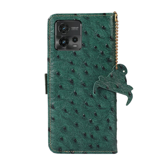 For Motorola Moto G72 4G Ostrich Pattern Genuine Leather RFID Phone Case(Green)