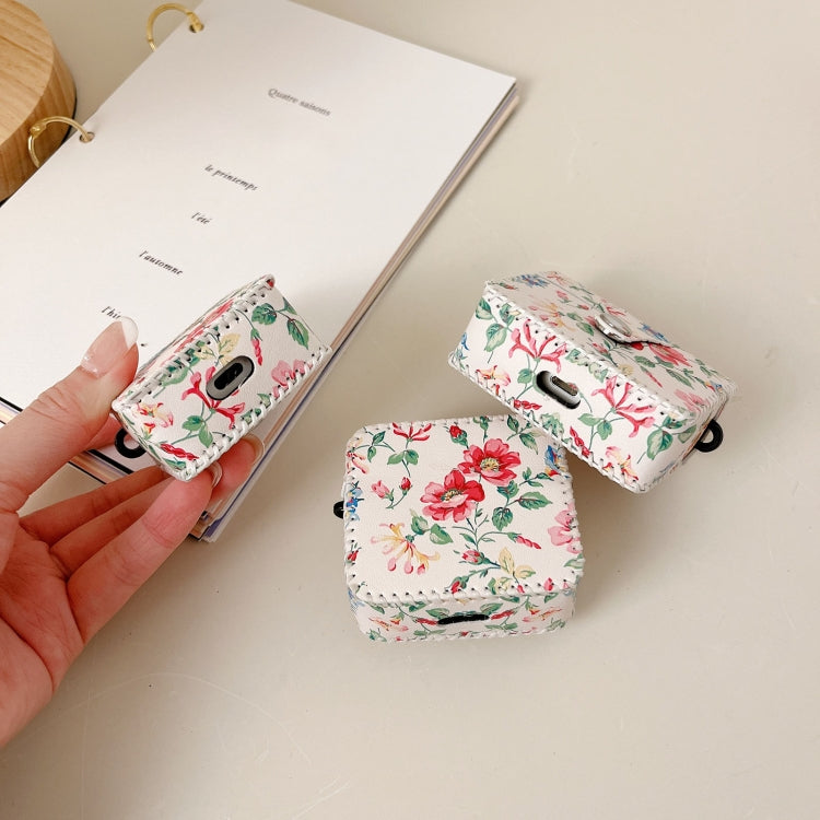 For AirPods Pro 2 White Floral PU Leather Wireless Earphone Case