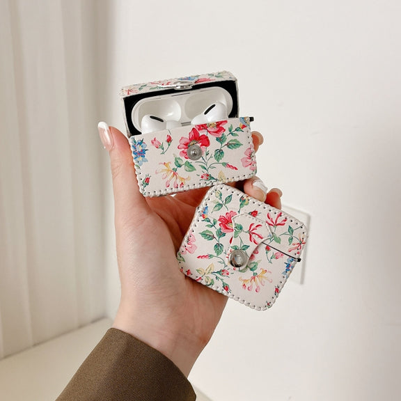 For AirPods Pro 2 White Floral PU Leather Wireless Earphone Case