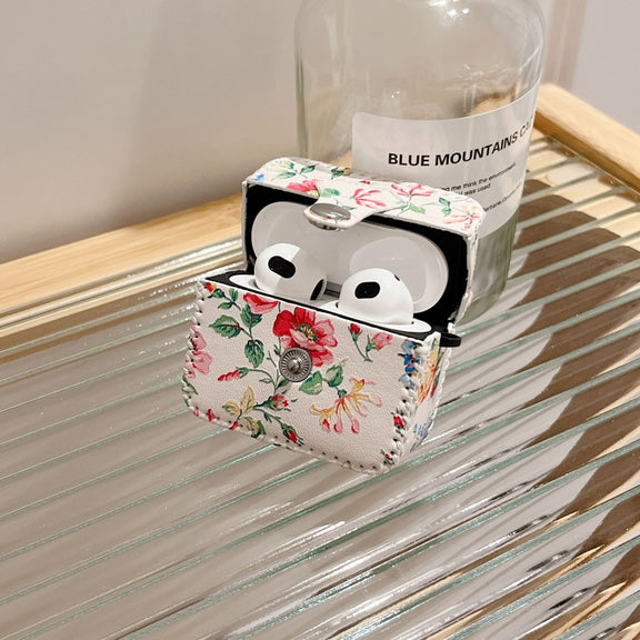 For AirPods 1/2 White Floral PU Leather Wireless Earphone Case