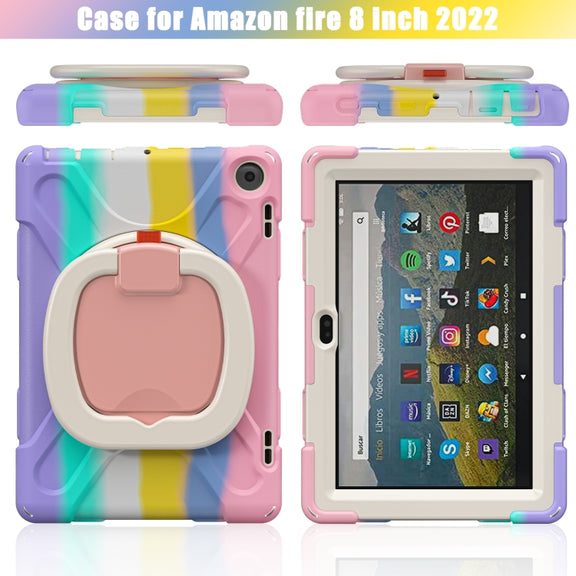 For Amazon Fire HD 8 2022 Silicone + PC Protective Tablet Case with Holder & Shoulder Strap(Colorful Pink)