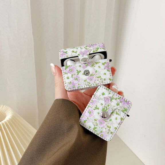 For AirPods Pro 2 PU Leather Wireless Earphone Case(Purple White Flowers)