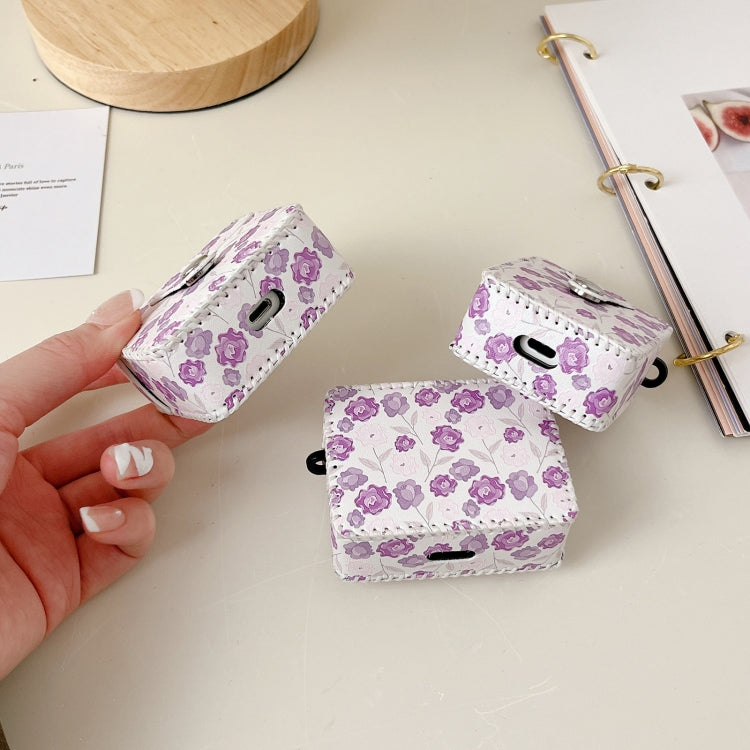 For AirPods Pro 2 PU Leather Wireless Earphone Case(Purple Flowers)