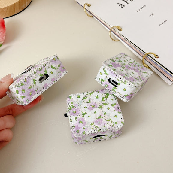 For AirPods 3 PU Leather Wireless Earphone Case(Purple White Flowers)