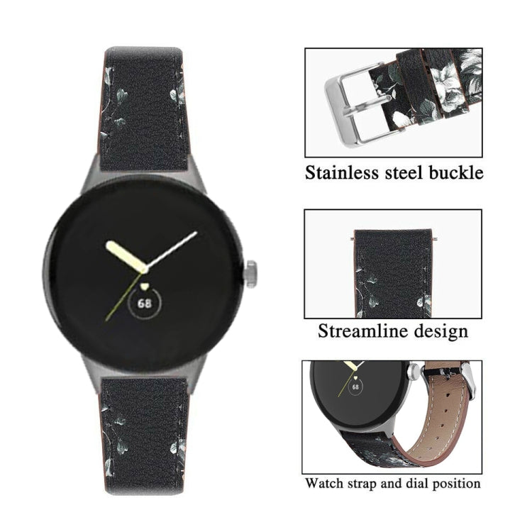 For Google Pixel Watch 1 / 2 / 3 41mm Round Tail Genuine Leather Watch Band(Black White Flower)