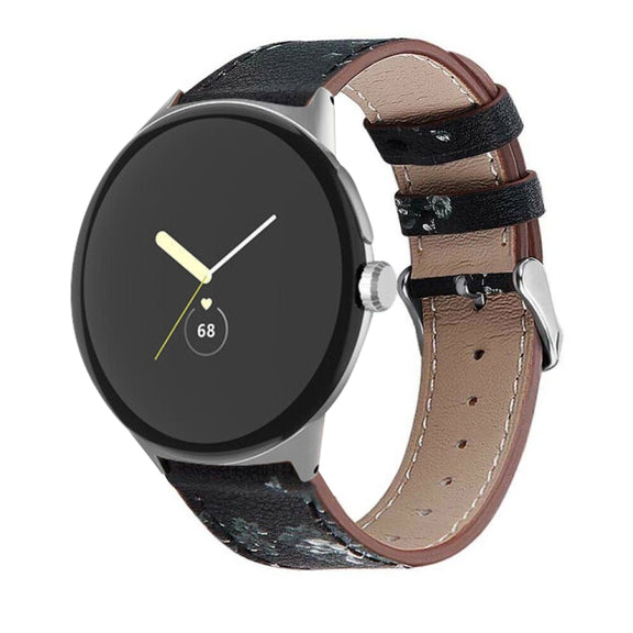 For Google Pixel Watch 1 / 2 / 3 41mm Round Tail Genuine Leather Watch Band(Black White Flower)
