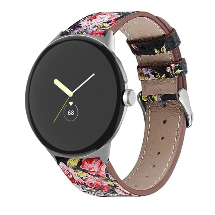 For Google Pixel Watch 1 / 2 / 3 41mm Round Tail Genuine Leather Watch Band(Black Pink Flower)