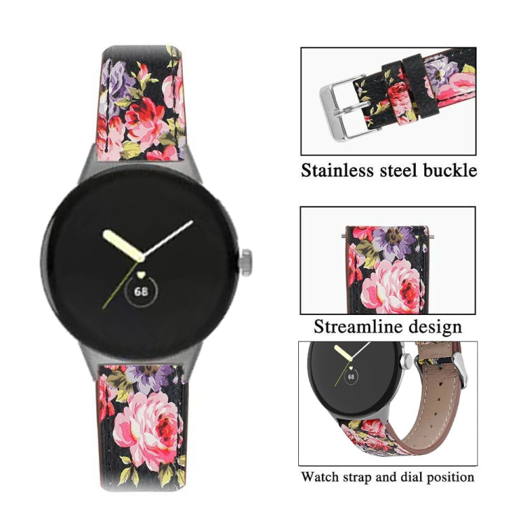 For Google Pixel Watch 1 / 2 / 3 41mm Round Tail Genuine Leather Watch Band(Black Pink Flower)