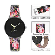 For Google Pixel Watch 1 / 2 / 3 41mm Round Tail Genuine Leather Watch Band(Black Pink Flower)