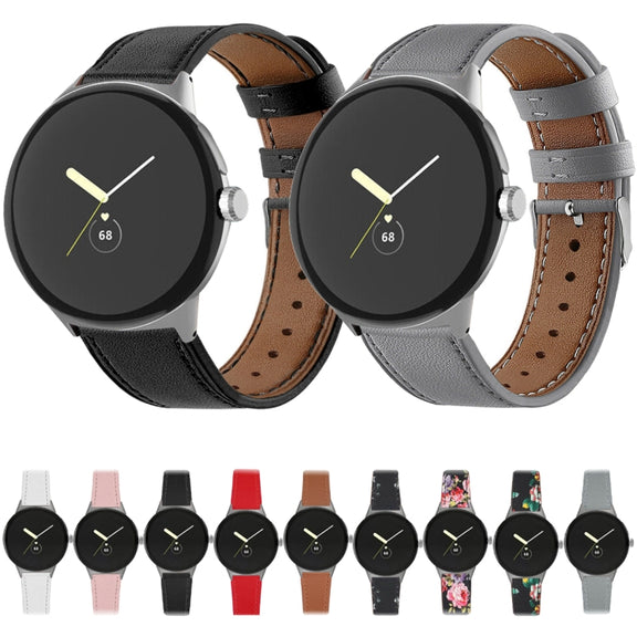 For Google Pixel Watch 1 / 2 / 3 41mm Round Tail Genuine Leather Watch Band(Black Pink Flower)