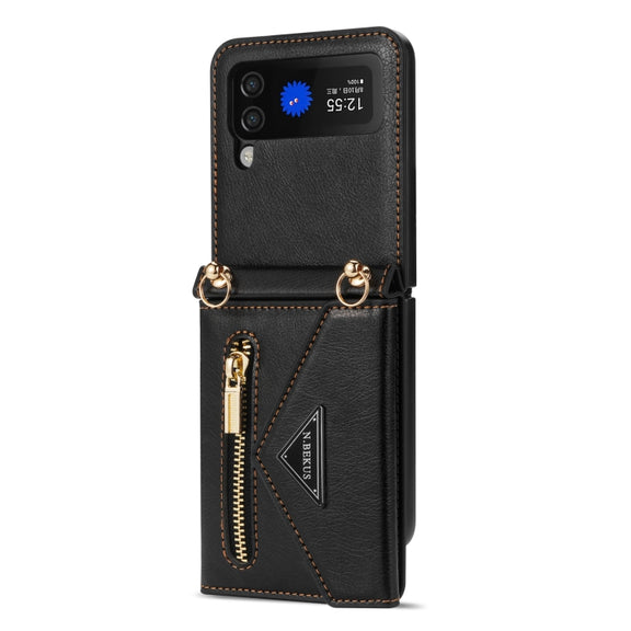 For Samsung Galaxy Z Flip3 5G N.BEKUS Side Zipper Folding Phone Leather Case(Black)