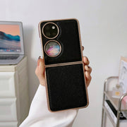 For Huawei P50 Pocket Nano Electroplating Cross Texture Genuine Leather Phone Case(Black)