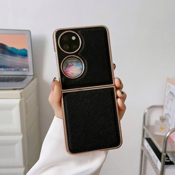 For Huawei P50 Pocket Nano Electroplating Cross Texture Genuine Leather Phone Case(Black)
