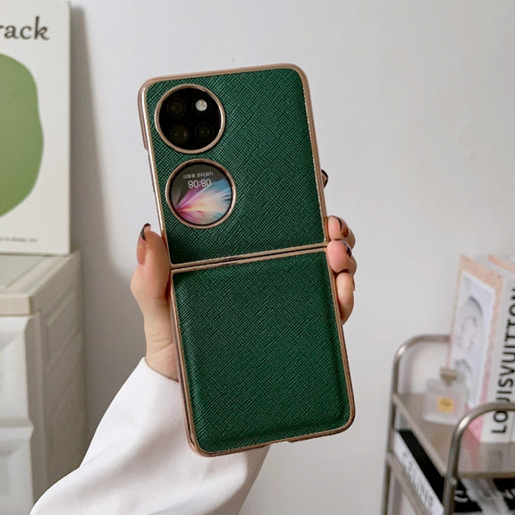 For Huawei P50 Pocket Nano Electroplating Cross Texture Genuine Leather Phone Case(Green)