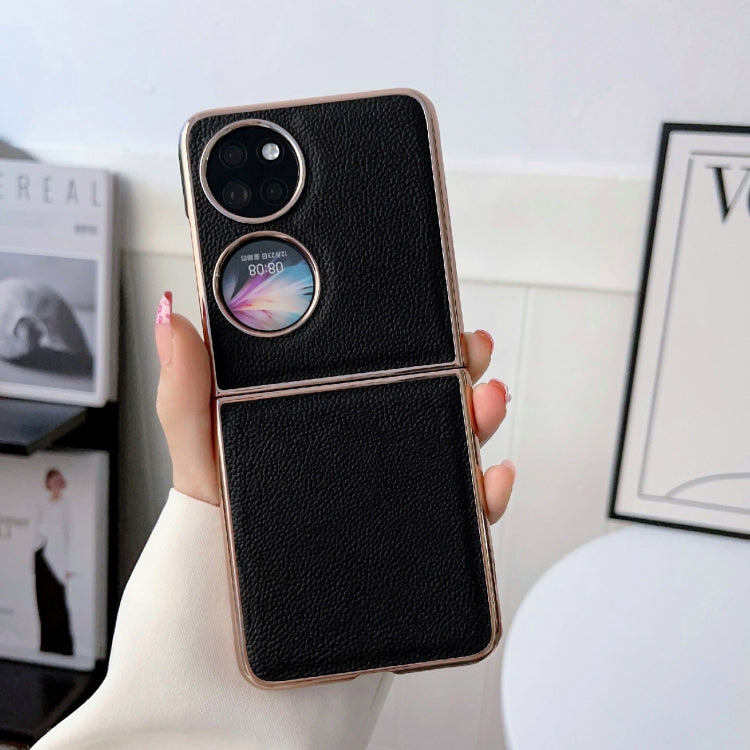 For Huawei P50 Pocket Nano Electroplating Genuine Leather Phone Case(Black)