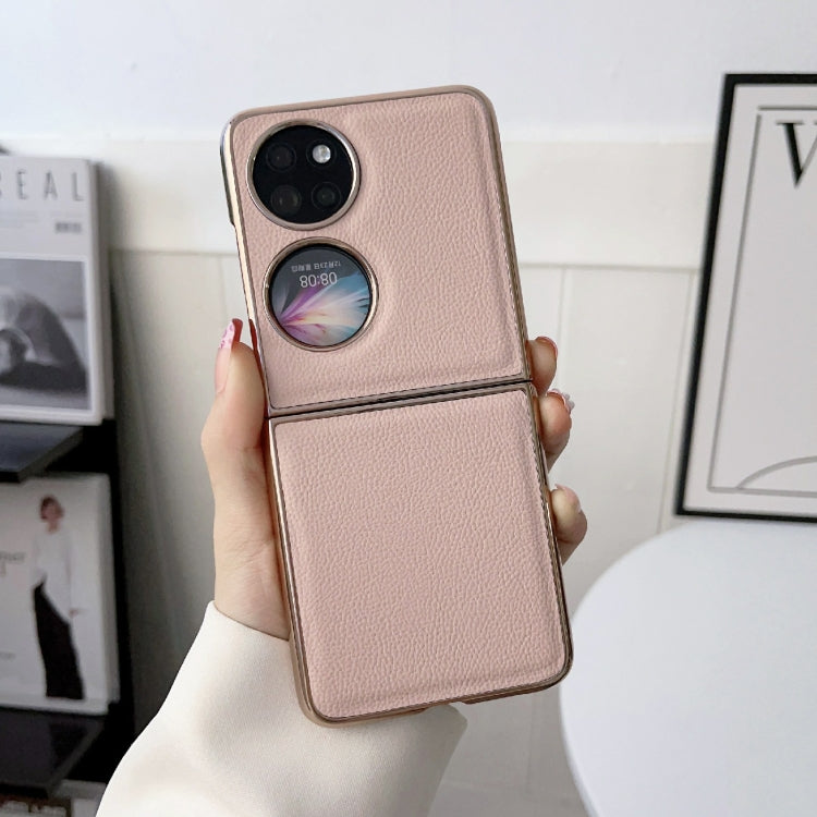For Huawei P50 Pocket Nano Electroplating Genuine Leather Phone Case(Pink)