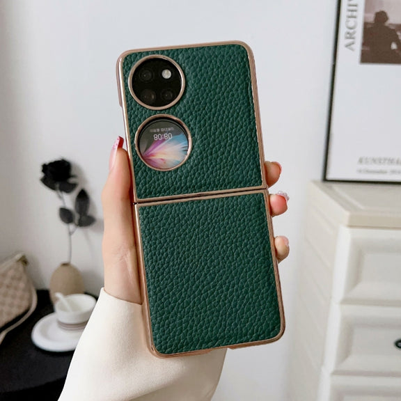 For Huawei P50 Pocket Nano Electroplating Litchi Texture Genuine Leather Phone Case(Green)
