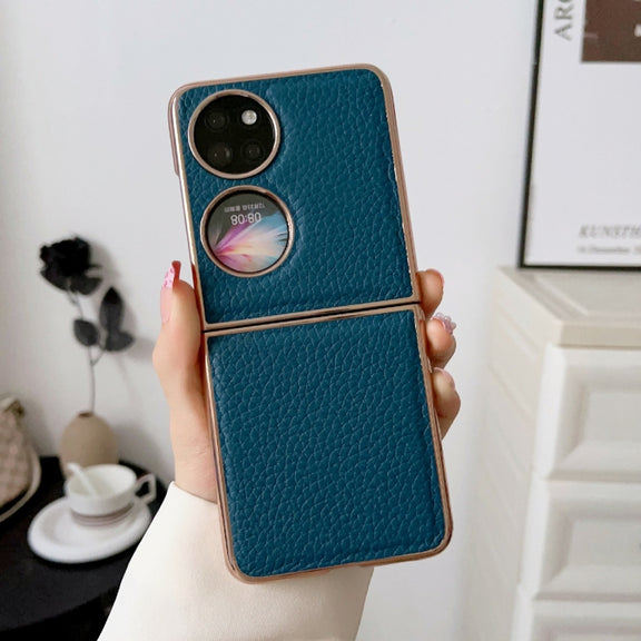 For Huawei P50 Pocket Nano Electroplating Litchi Texture Genuine Leather Phone Case(Blue)