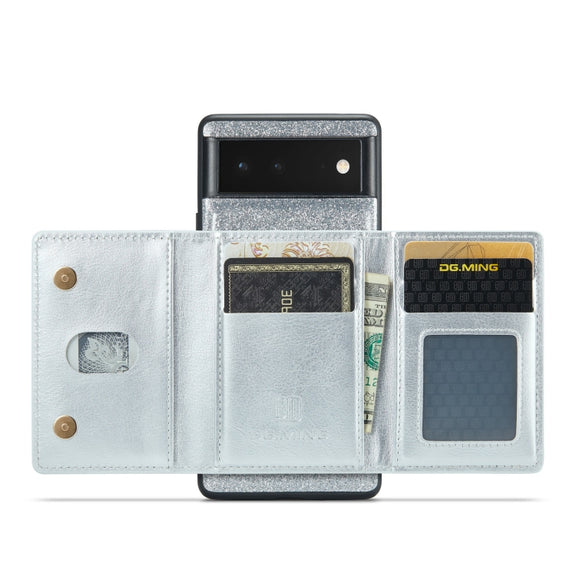 For Google Pixel 6 DG.MING M3 Series Glitter Powder Card Bag Leather Case(Silver)