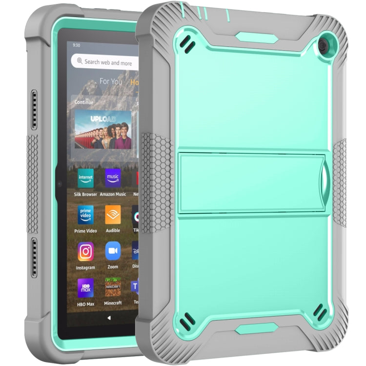 Silicone + PC Holder Shockproof Tablet Case For Amazon Kindle Fire HD 8 2022 / 2020 / HD 8 Plus 2020(Mint Green+Grey)